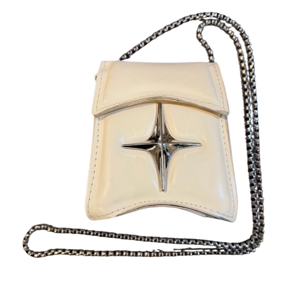 White Mini Crossbody Pouch Silver Chain Star Accent Micro Bag